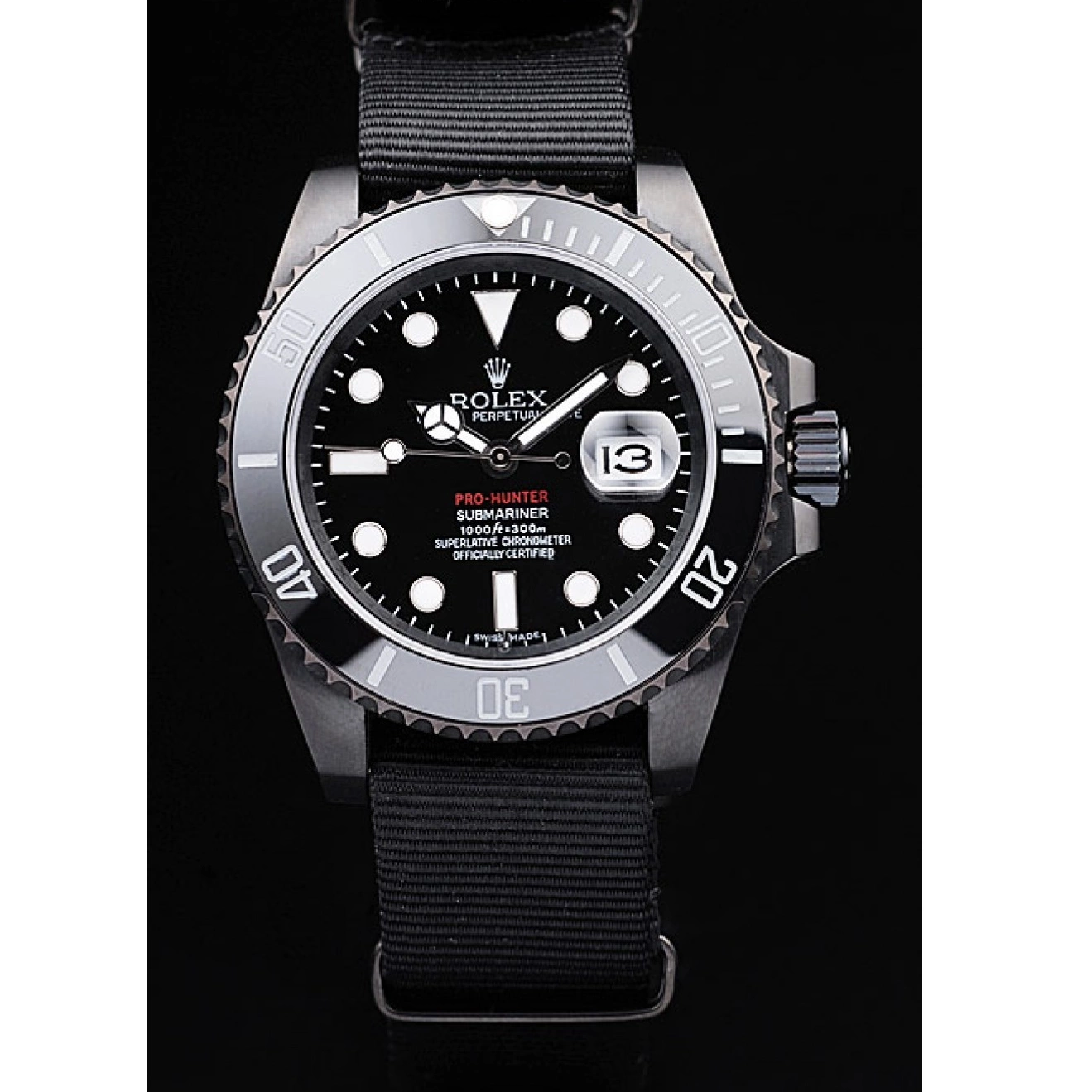 Aaa replica watch Submariner Fabric Black Black Rolex Dial Swiss Strap Pro-Hunter 0707